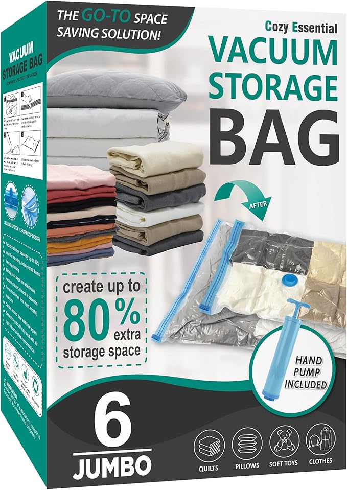 6 Jumbo Vacuum Storage Bags, Space Saver Bags Compression Storage Bags for Comforters and Blankets, Vacuum Sealer Bags for Clothes Storage, Hand Pump Included