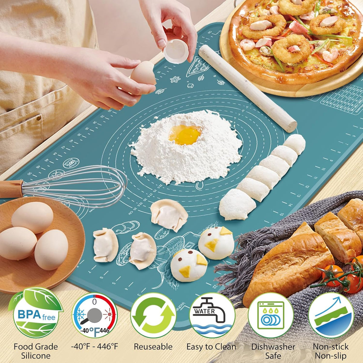Silicone Pastry Mat 32" x 24" Extra Thick Non Stick Baking Mat with Measurements and Edge Heightening, Food Grade Silicone Rolling Mat for Pastry, Bread, Cookies, Pizza, Fondant, Pasta