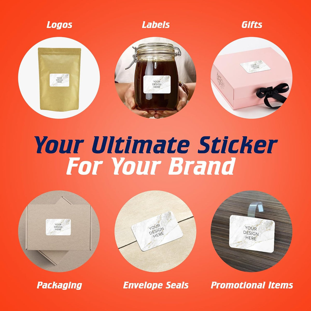 100 Custom Vinyl Stickers - Upload Your own Image, Text, Design, Logo - Personalized Logo Labels for Handmade, Packaging, Bottle, Jars, Candle, Brand Stickers (Gold Marble, 3x2)