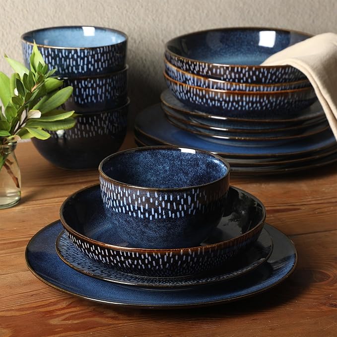 Gibson Elite Matisse 16-Piece Dinnerware Set – Double Bowl Reactive Glaze Stoneware in Blue – Plates and Bowls for 4, Microwave & Dishwasher Safe, Rustic Modern Design