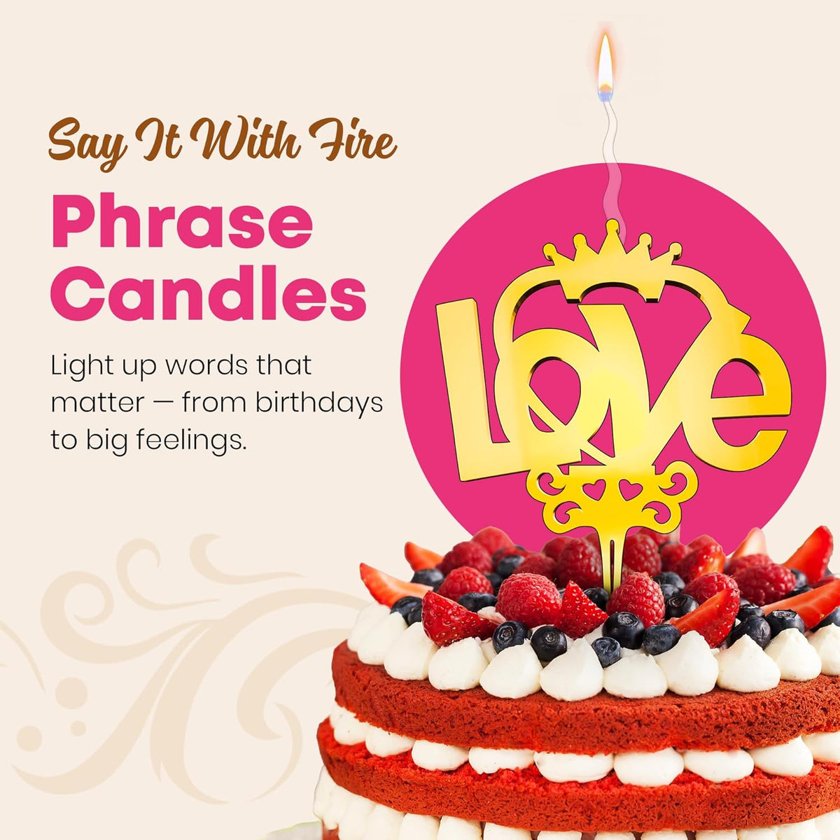 Love Reusable Gold Romantic Cake Candle - Luxury Cake Topper Candle for Birthdays, Weddings & Anniversaries - Reusable Food Safe Acrylic, Shiny Mirror Finish - Happy Birthday Cake Topper Décor