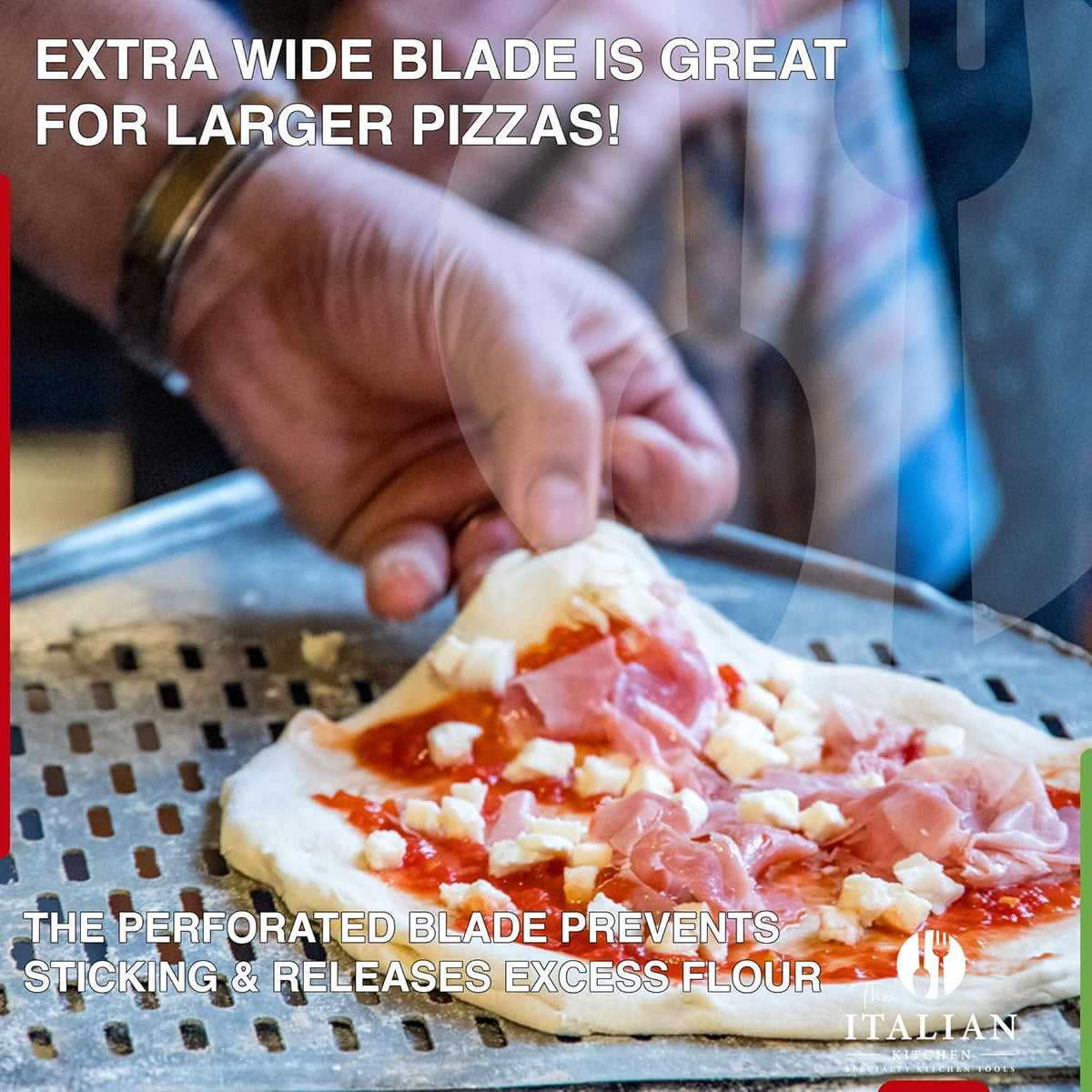 Perforated Pizza Peel 13"W x 16.7"L- Professional Restaurant Grade Large Metal Pizza Peel - 45.7" or 29.7" Long Handle Aluminum Turning Peel - Commercial Pizza Paddle