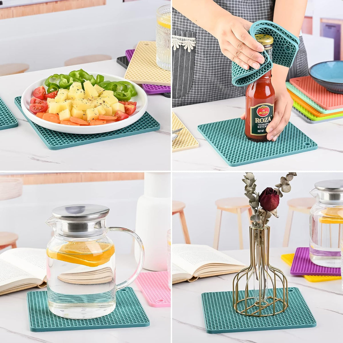 Silicone Trivets for Hot Dishes, Trivet Hot Pads for Kitchen, Trivets for Hot Pots and Pans, Multi Use Silicone Pot Holders Trivet Mat, Heat Resistant Mats for Countertop Set 4 Teal