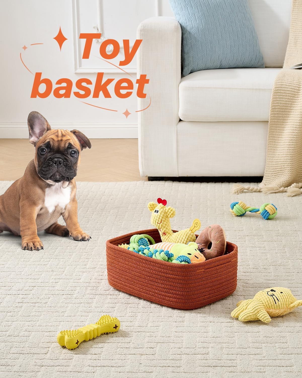 Small Woven Basket, 12 x 8 x 4.5 Inches, Storage Basket for Organizing, Cute Small Rope Shelf Closet Cube Storage Bins Baskets for Shelves, Dog Toy Gift Baskets Empty, 3 Pack Rust Red