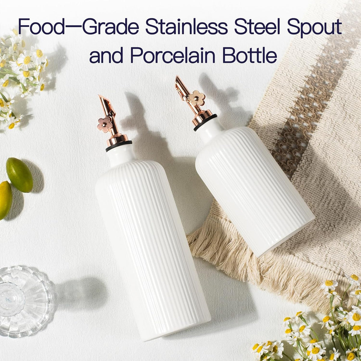 Dizada Olive Oil Dispenser Bottle for Kitchen, (22 Oz+14 Oz) Ceramic Olive Oil and Vinegar Bottles Dispenser with Stainless Steel Spout, Set of 2