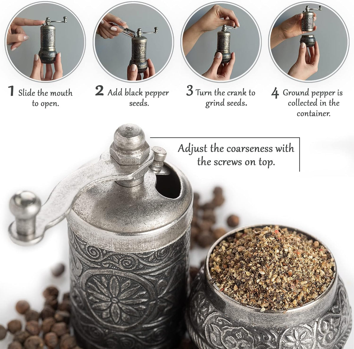 Decorative Black Pepper Grinder, Refillable Turkish Spice Mill with Adjustable Coarseness, Manual Pepper Mill with Handle, Spice Grinder Metal with Hand Crank, Dark Silver