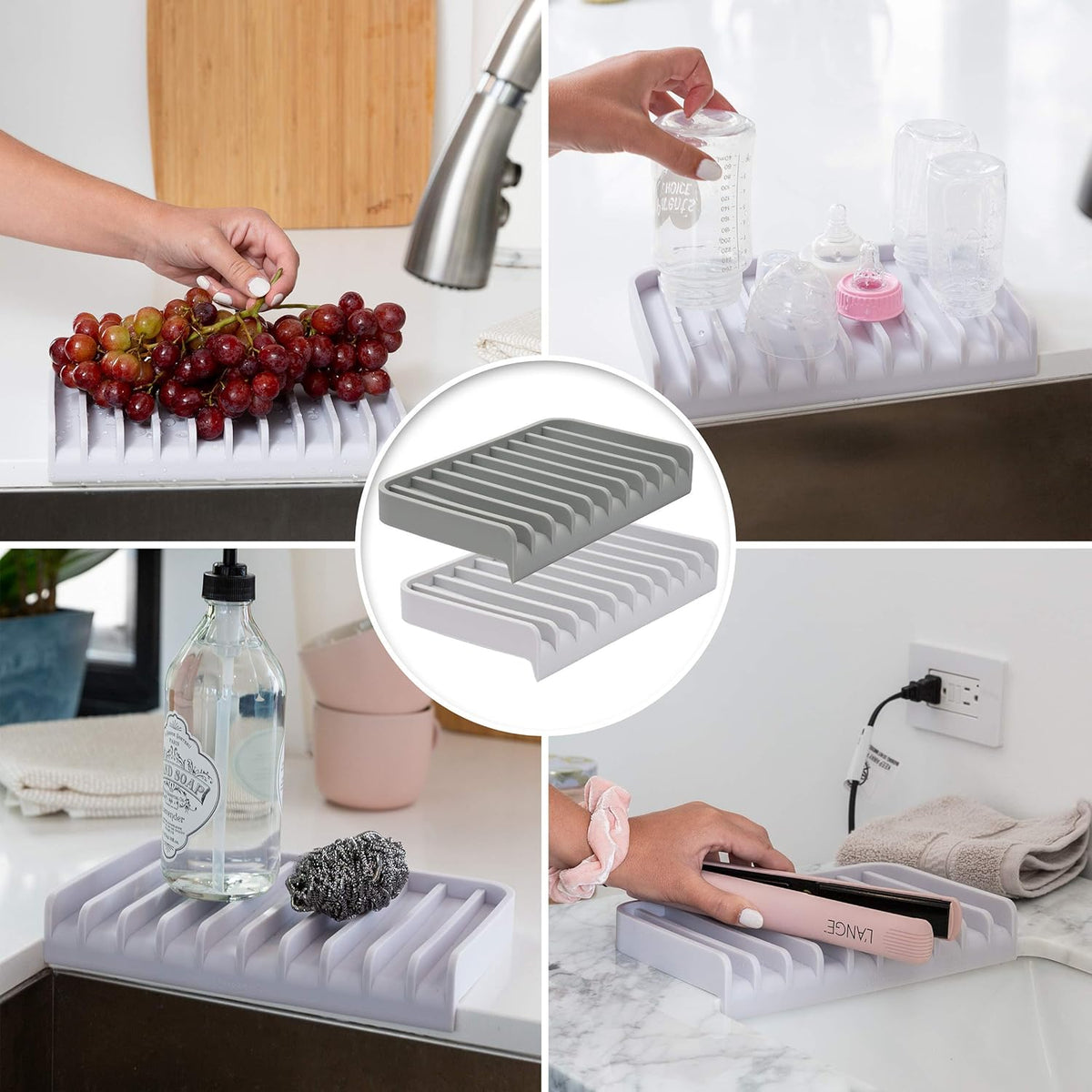 Effilogic Silicone Sponge Holder – Self-Draining Kitchen Sink Organizer, Quick Dry Mat and Counter Protector – Dishwashing Accessories for Sponges, Brushes, and Soap - Large White