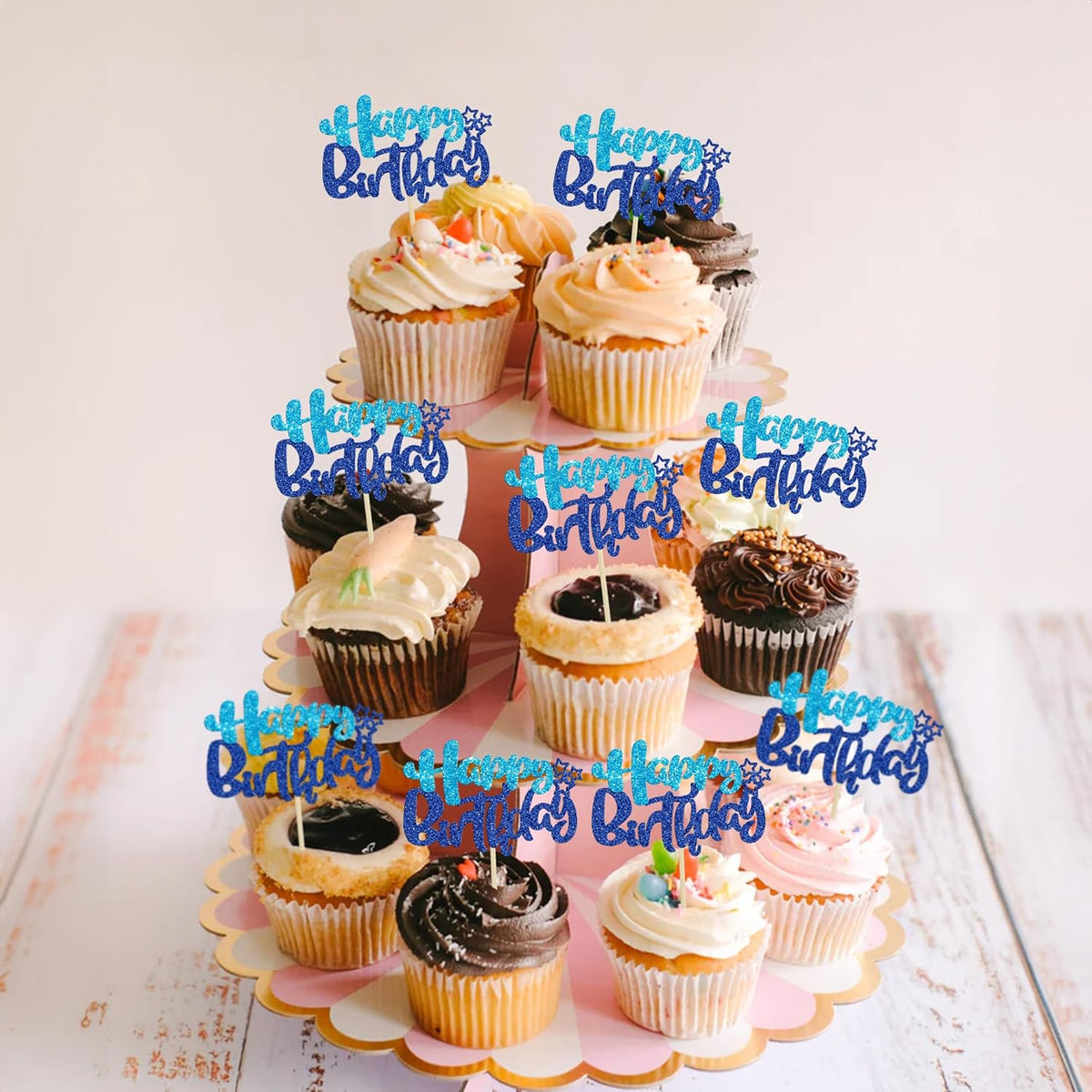 Ephlyn 24Pcs Happy Birthday Cupcake Toppers Double Layer Glitter Happy Birthday Cake Decorations for Baby Shower Theme Kids Boys Girls Birthday Anniversary Party Decorations Supplies Blue