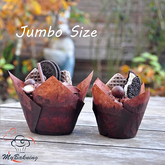 (Jumbo Extra Large size) Brown+White Tulip Baking Cups 2-1/4"(Base diameter) x 3-3/4"(Wall height) Greaseproof paper baking cupcake Muffin liners, Case of 130 pcs