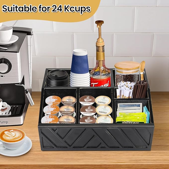 ugiftt Coffee Station Organizer for Counter, Wood Coffee Pods Holder Storage Basket, Tea Condiment Storage Organizer, Rustic Bar Decor for Accessories Organizer