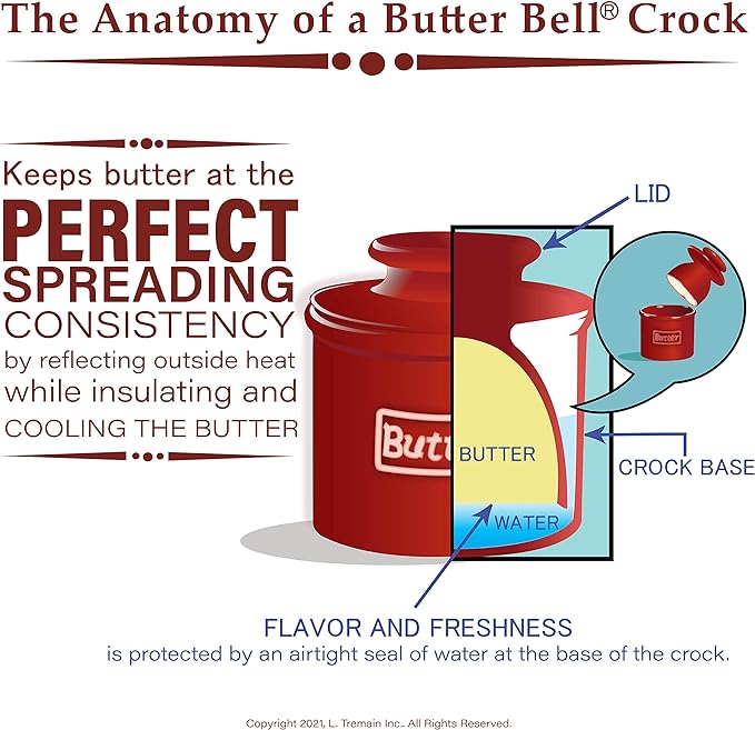 Butter Bell - The Original Butter Bell crock by L Tremain, a Countertop French Ceramic Butter Dish Keeper for Spreadable Butter, La Fleur Collection (Hand Painted Raised Floral)