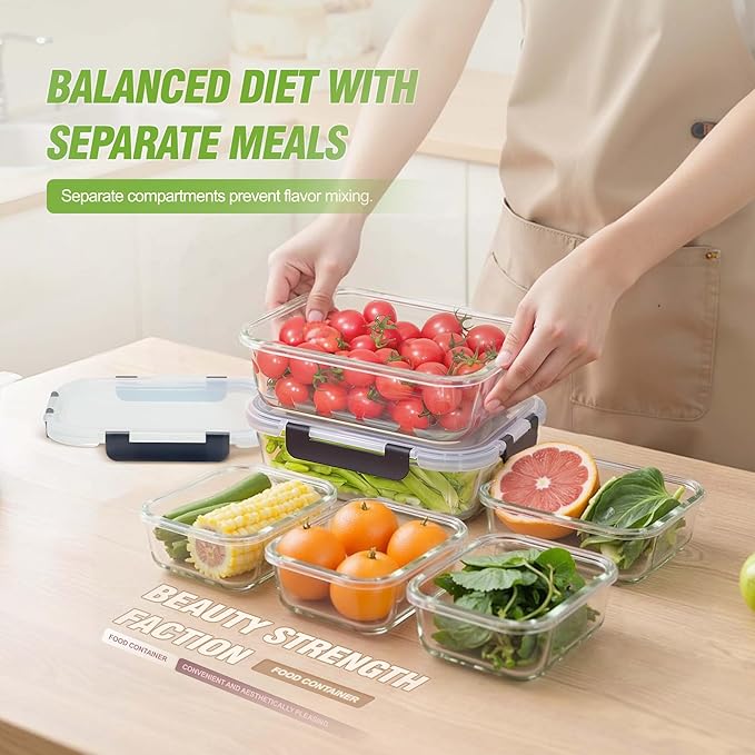 [10-Pack Glass Meal Prep Containers with Lids, Food Storage Containers with Snap Locking Lids, Airtight Lunch Containers, Microwave, Oven, Freezer and Dishwasher,Black