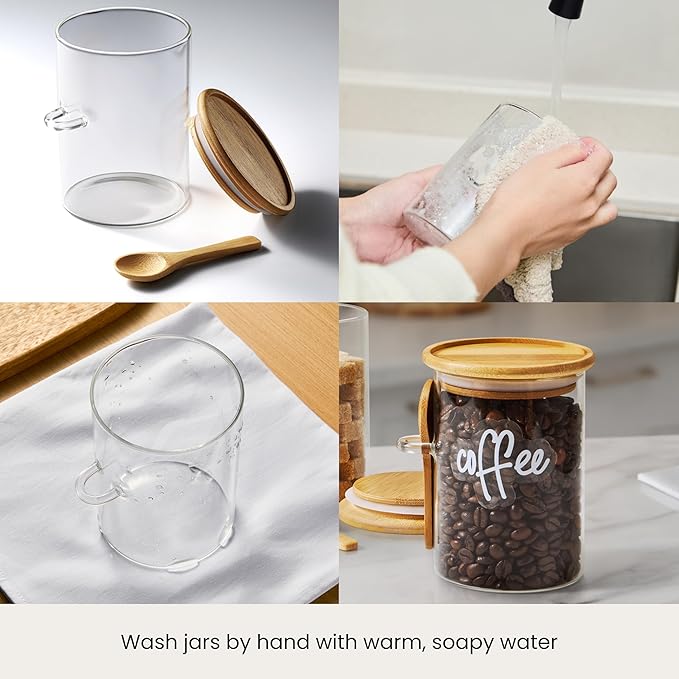 Talented Kitchen Glass Food Storage Containers with Lids - 4-Pack 17 oz Glass - Stackable Kitchen Jars for Pantry, Spice Jars & Coffee Containers for Countertop - Attached Spoons & 157 Labels