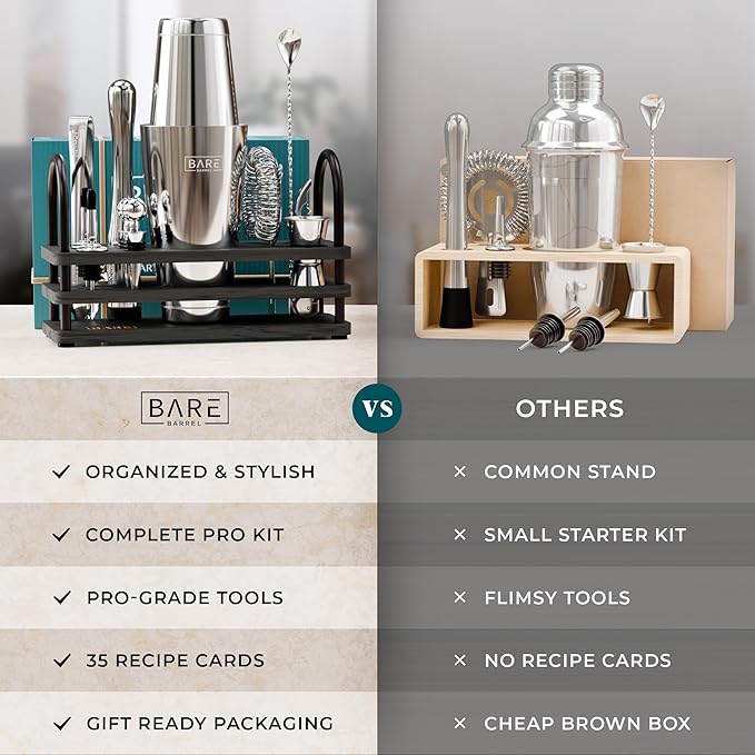 BARE BARREL® Mixology Bartender Kit Bar Set | 14-Piece Cocktail Shaker Set | Martini Barware Mixing Tools for Home Bartending | 35 Recipe Cards | Gift Set (28oz Boston Shaker, Silver/Black)