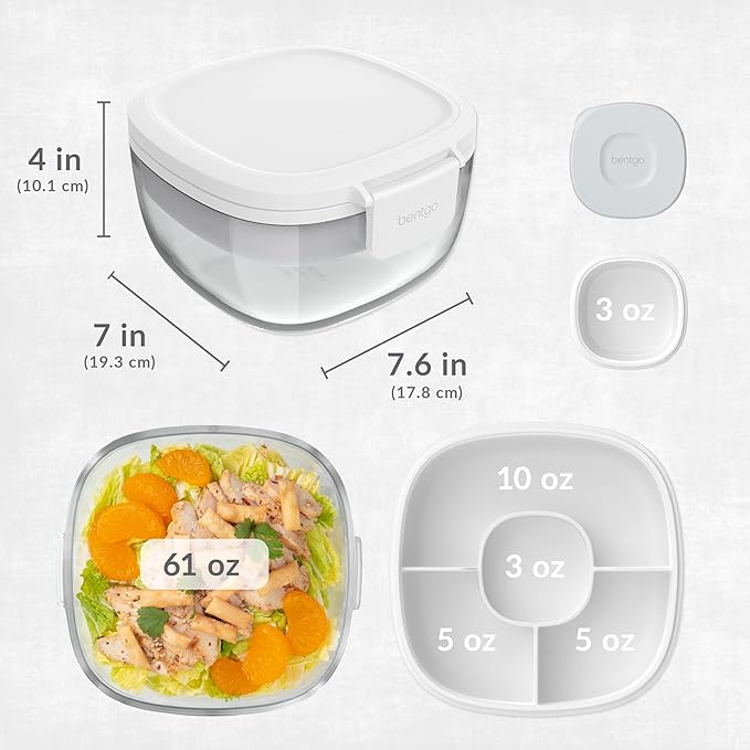 Bentgo Glass All-in-One Salad Container - Large 61-oz Salad Bowl with Lid, 4-Compartment Bento-Style Tray, 3-oz Sauce Container, and Reusable Fork - Dishwasher, Microwave, and Oven Safe (White)