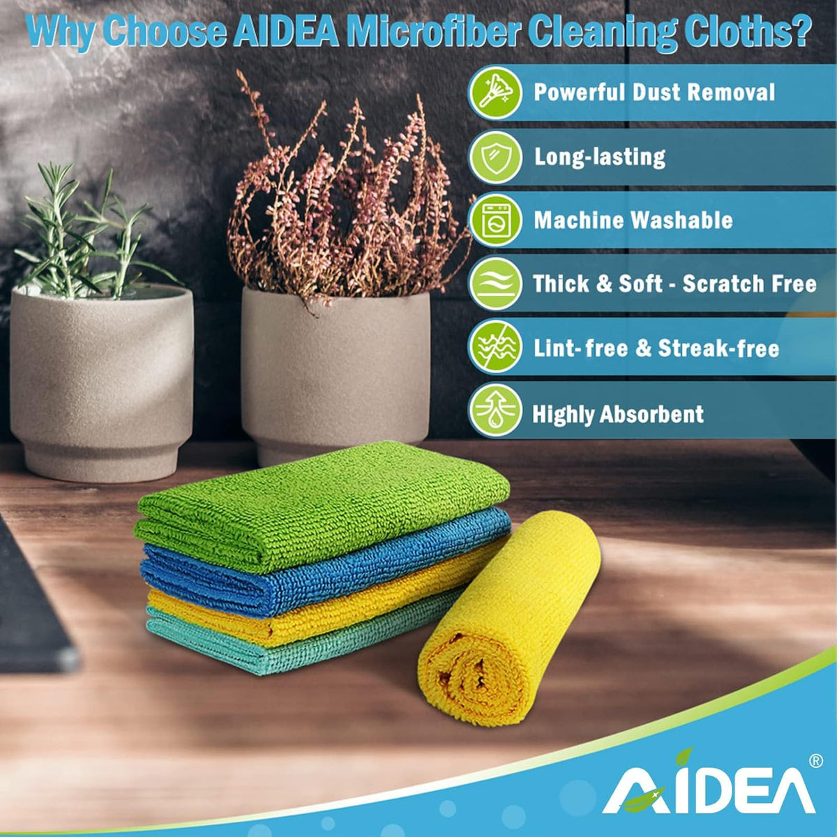 AIDEA Microfiber Cleaning Cloth, 8PK, All Purpose Microfiber Towels, Absorbent Cleaning Rags Kitchen Towels, Lint Free Dusting Cloth for House, Kitchen, Car, Window, 12"×12"