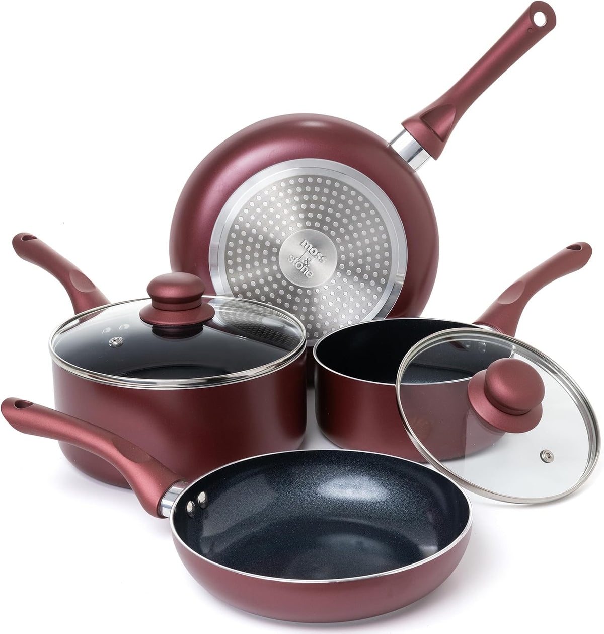 Moss & Stone 6 Pcs Nonstick Cookware Set, Pots And Pans Set Non stick With Glass Lid, Induction Cookware, Stay-Cool Handle PTFE/PFOA Kitchen Pots 6-Piece with Frying Pans & Saucepan, Burgundy