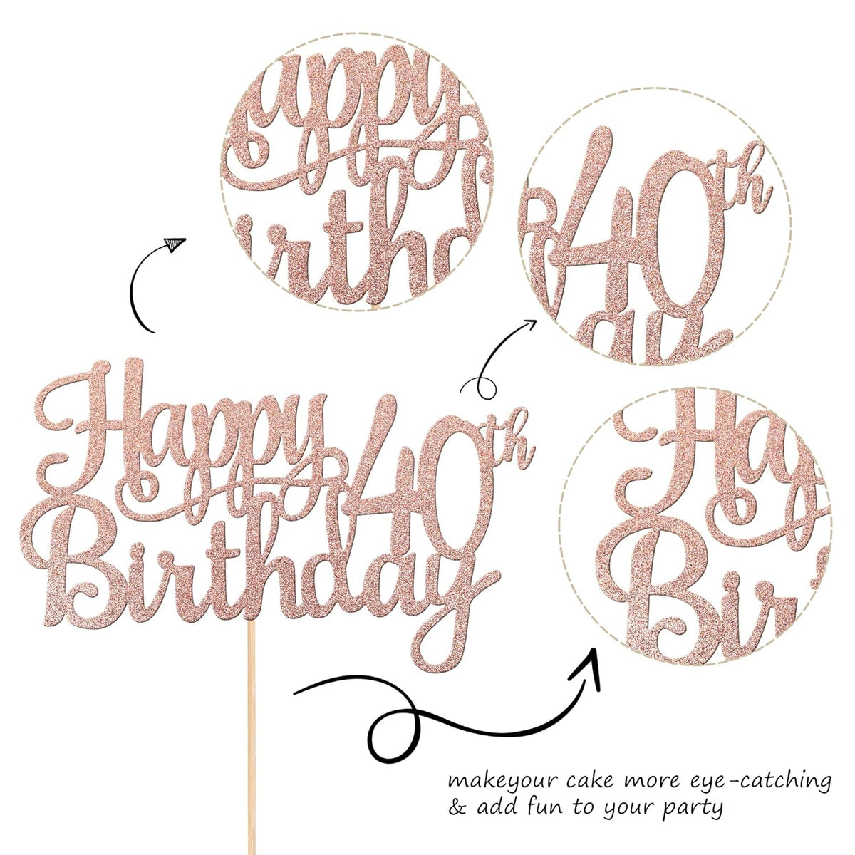 1 PCS Happy 40th Birthday Cake Topper Glitter Cheers to 40 Years Birthday Cake Pick 40 Fabulous Cake Decoration for Happy 40th Birthday Anniversary Party Decorations Supplies Rose Gold