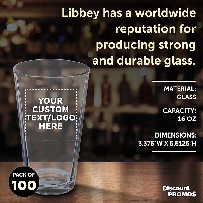 Custom Libbey Pint Glass 16 oz. Set of 100, Personalized Bulk Pack - Beer Glasses, Heavy Duty Drinkware - Clear