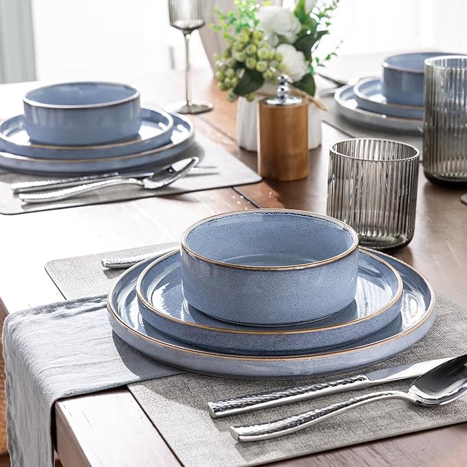 GBHOME Ceramic Dinnerware Sets for 4, 12 Pieces Stoneware Plates and Bowls Sets, Reactive Glaze Dishes -Scratch Resistant, Dishwasher&Microwave Safe-Brunnera Blue