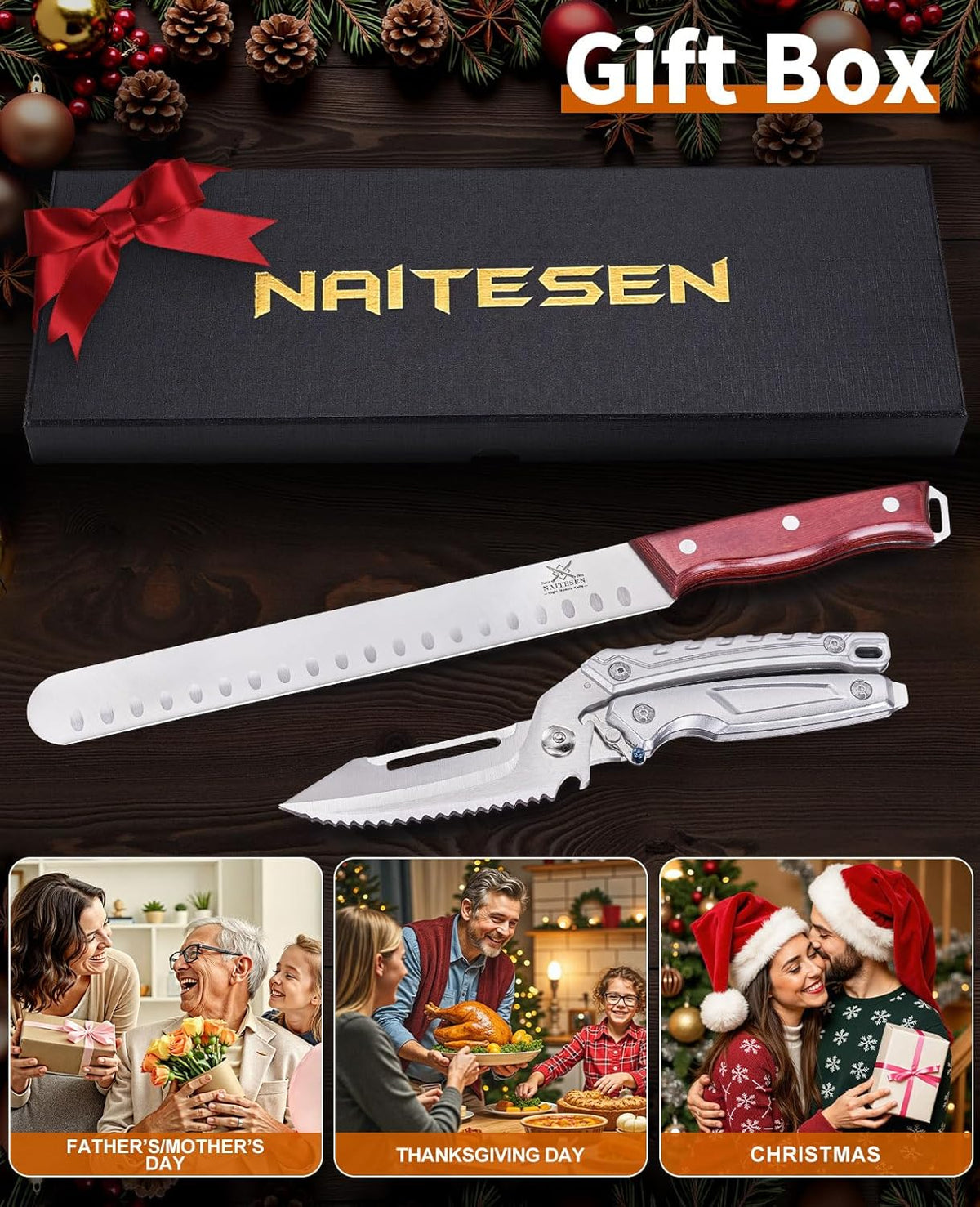 2PCS Brisket Carving Knife and Poultry Shears Set for BBQ, Very Sharp Butcher Slicing Knife, Heavy Duty Kitchen Scissors for Meat Beef Turkey Cutting, Gifts for Men Women