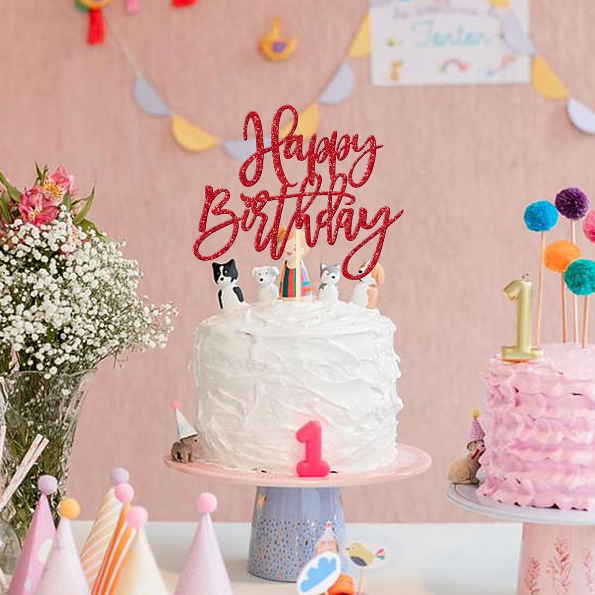 ZHUOWEISM 1 PCS Red Glitter Happy Birthday Cake Topper for Celebrating Birthday, Anniversary Parties