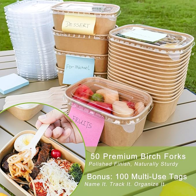 MINCOCO 50 Count Paper Bowls Disposable Meal Prep Containers with Lids【Includes 50 Wooden Forks + 100 Labels】 Salad Food Containers Freezer & Microwave Safe Leakproof Soup Bowls (19 Ounce, 50-Count)