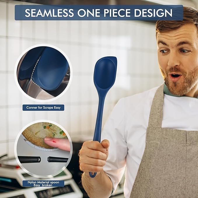 HOTEC 446°F Heat Resistant Silicone Cooking Spoon Spatula, BPA Free Large Kitchen Solid and Slotted Spoons for Mixing, Serving, Scraping, Non-stick, Dishwasher Safe Classic Blue 12.5inch
