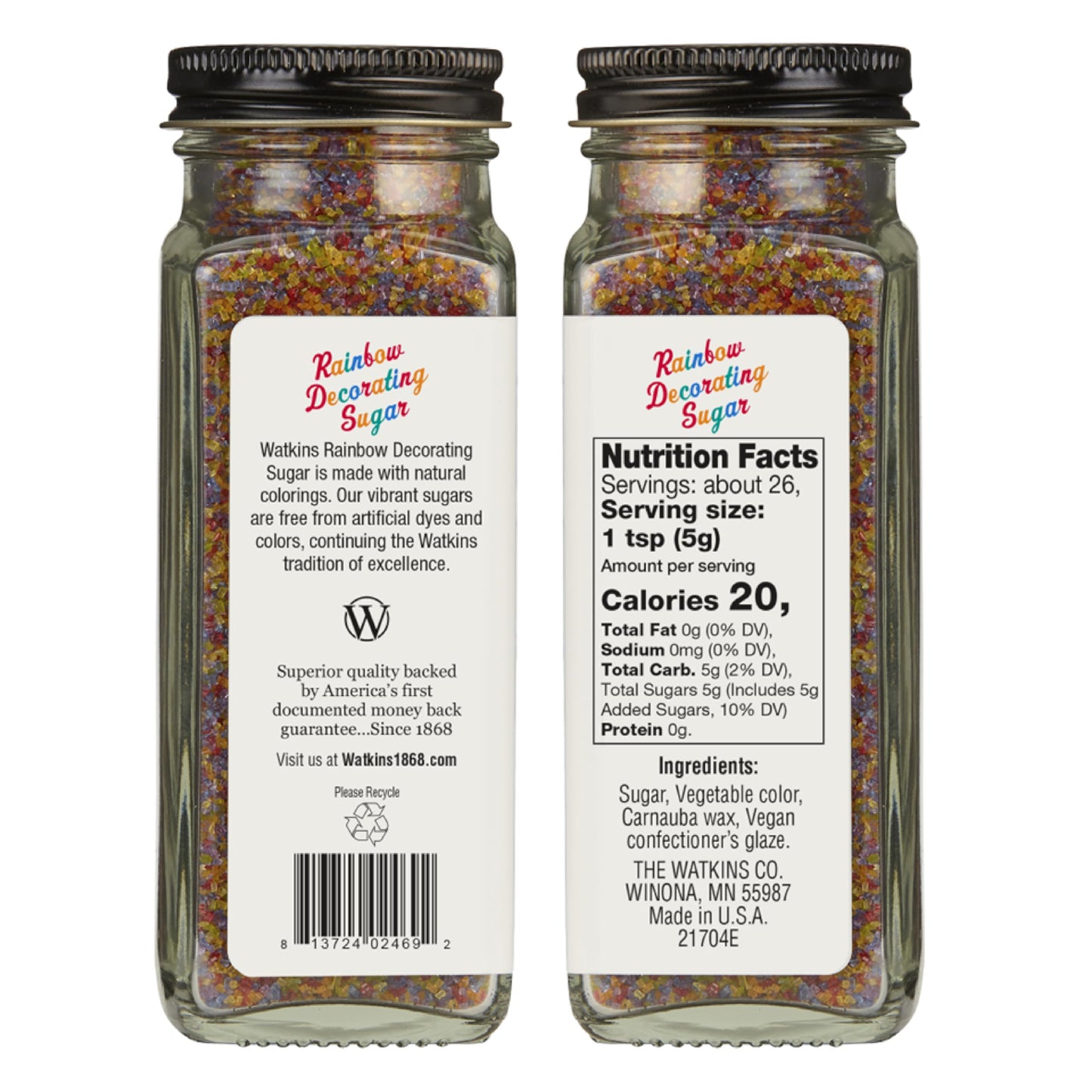 Watkins Rainbow Decorating Sugar (No Artificial Dyes), Non-GMO, Kosher, 4.6 Ounce, 1-Pack