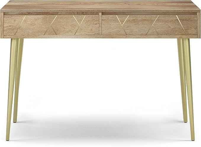 SIMPLIHOME Jager Console Table - 48 Inch Wide Solid Mango Wood Sofa Table in Natural, Mid-Century Modern Storage Table for Entryway or Living Room with 2 Drawers, Brass Inlay, and Gold Metal Legs
