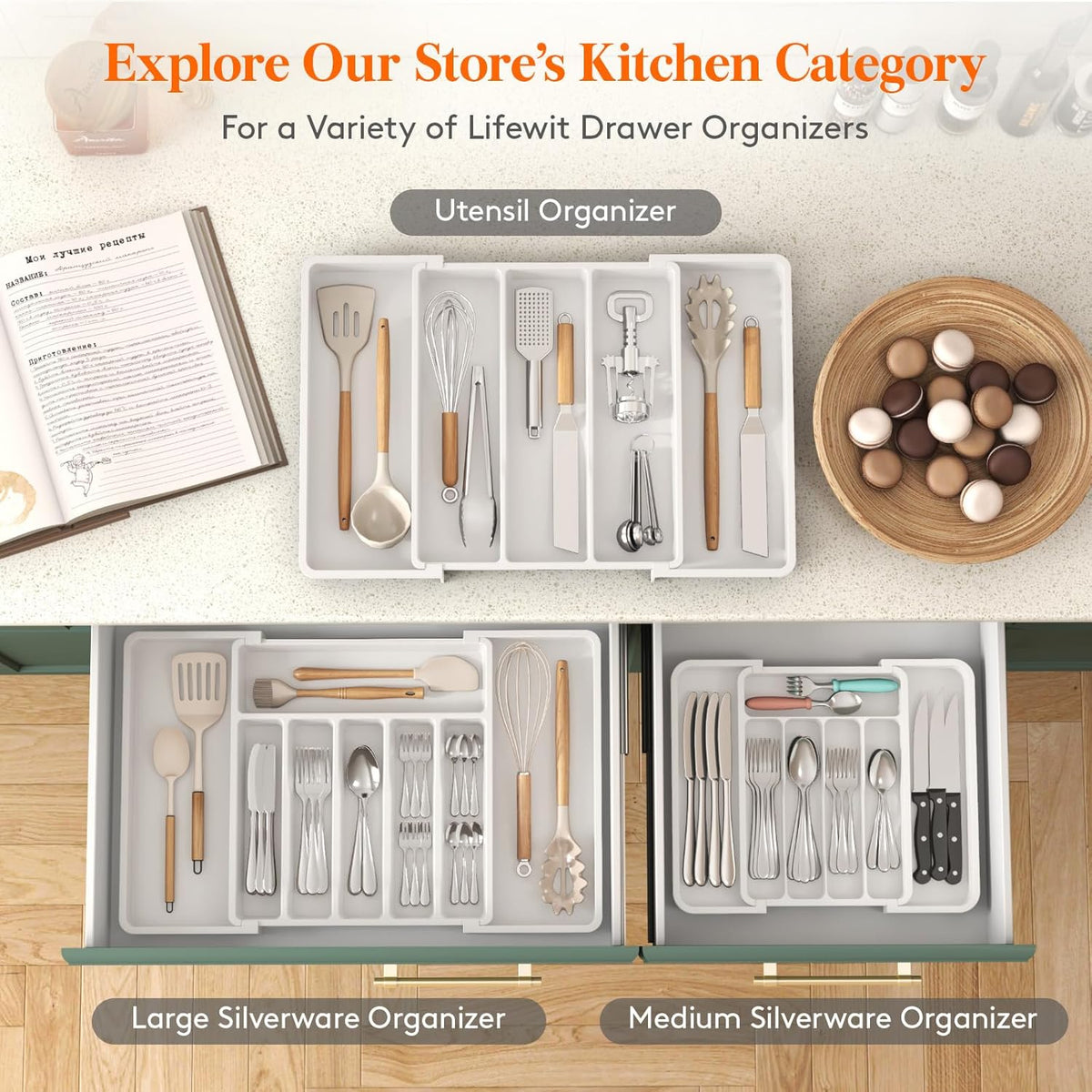 Lifewit Silverware Drawer Organizer, Expandable BPA Free Utensil Tray for Kitchen, Adjustable Flatware and Cutlery Holder for Spoons Forks Knives, Plastic Kitchen Organizers and Storage, White