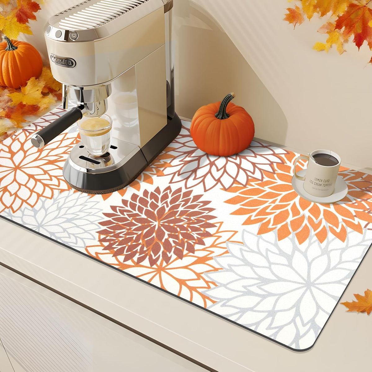 Findosom 2PCS 17" x 32" Dish Drying Mat & 24" x 5.5" Sink Splash Guard, Super Absorbent & Cuttable Dish Mat Drying Kitchen Mat with Orange Floral, Hide Stain Drying Mat for Kitchen Counter