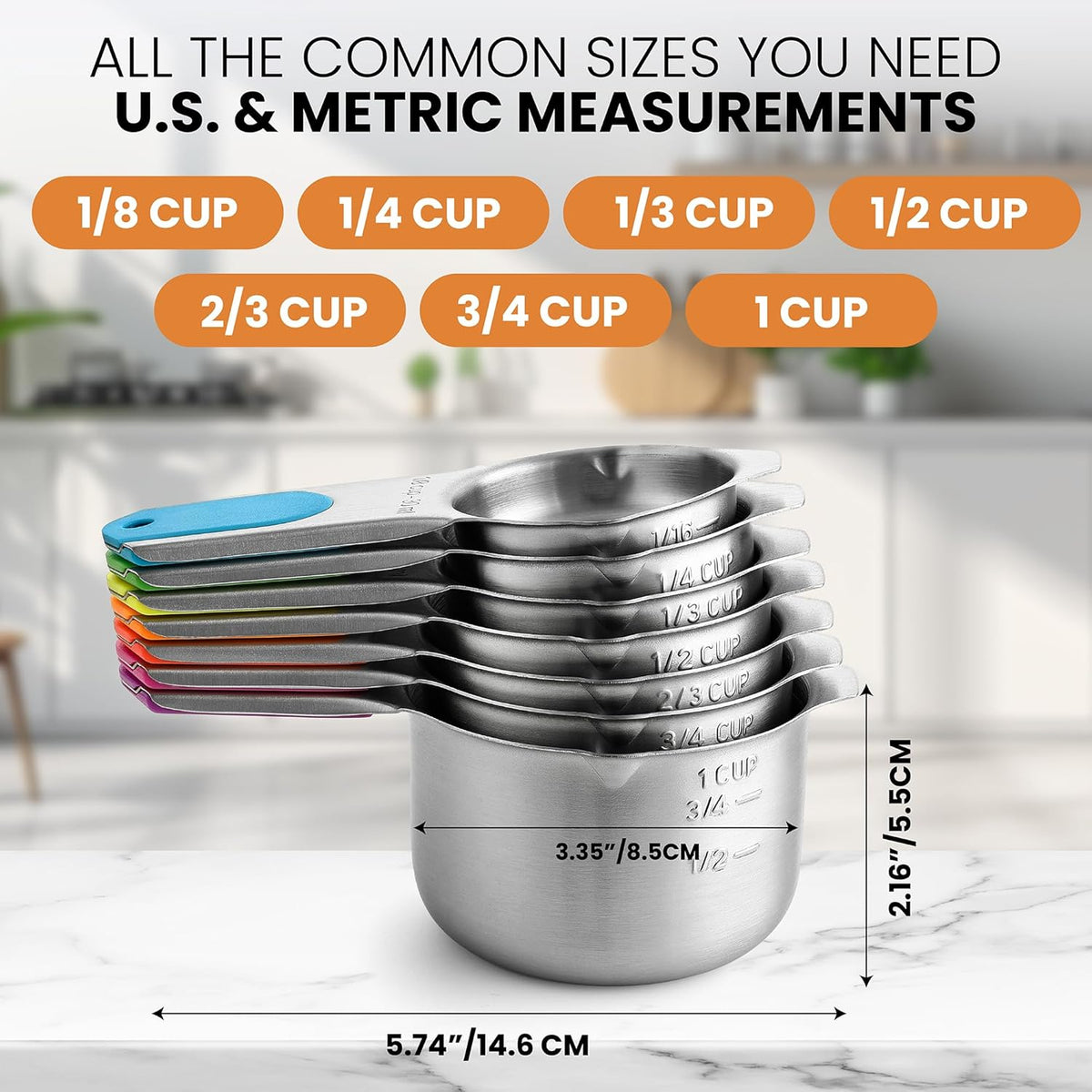 Spring Chef Magnetic Stainless Steel Measuring Cups, Patented, Kitchen Tools with Easy to Read Markings for Measuring Dry or Liquid Ingredients, Set of 7, Neon