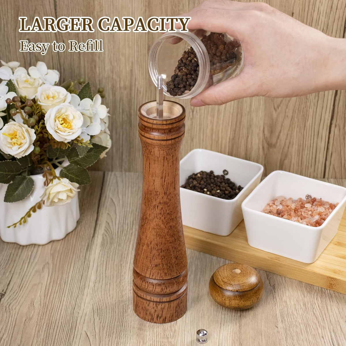 1 Pack - 10 Inch tall Wooden Pepper Mill or Salt Mill Elegant Pepper Grinder Wood with a Adjustable Ceramic Rotor and Easily Refillable - Oak Wood Salt Grinder for Your Kitchen
