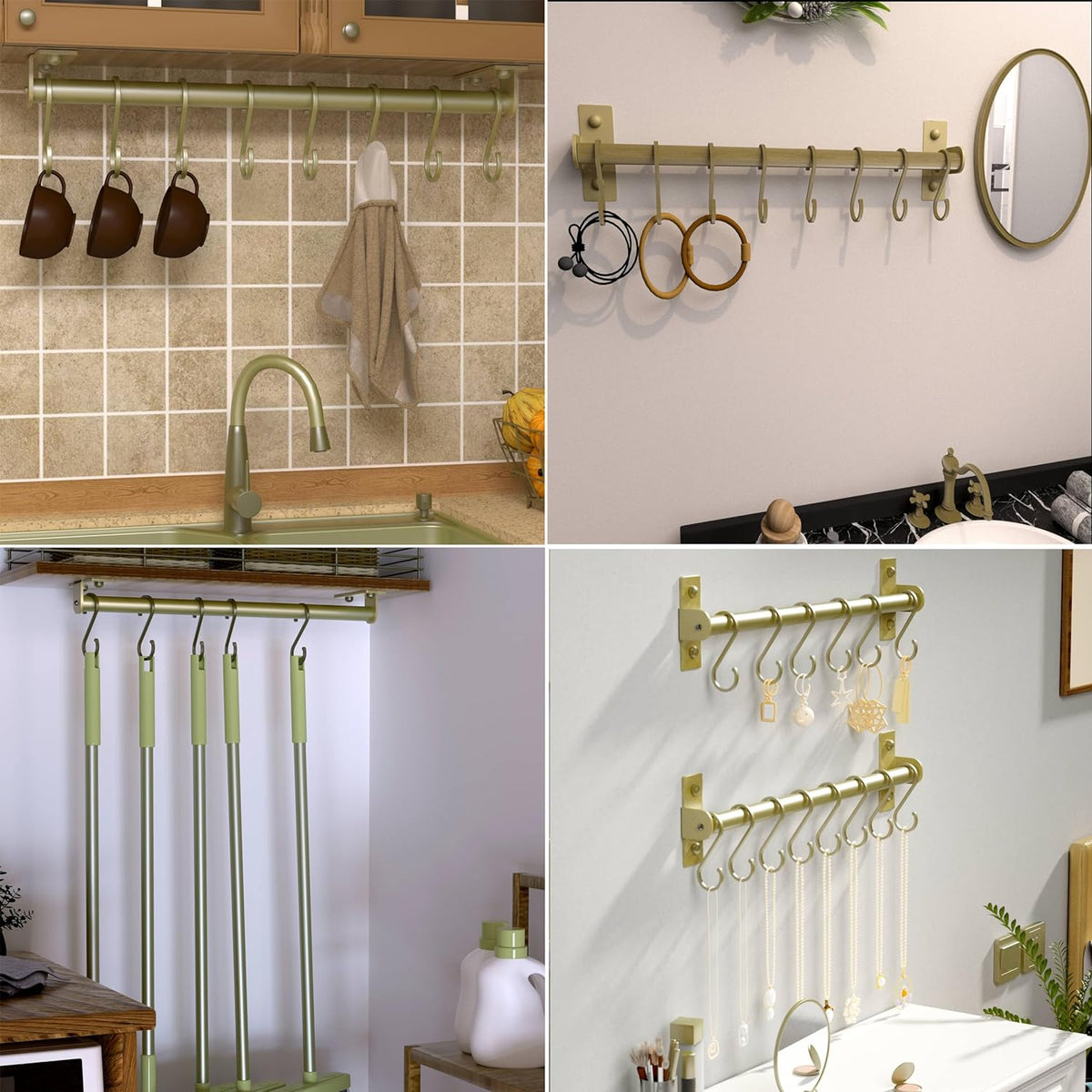 Dseap Kitchen Utensil Holder Hanger, Pot and Pan Rack Wall Mounted, Kitchen Rail with 8 Hooks for Hanging Cooking Utensils, Mugs, Spoons, Wall Mounted, Champagne Color