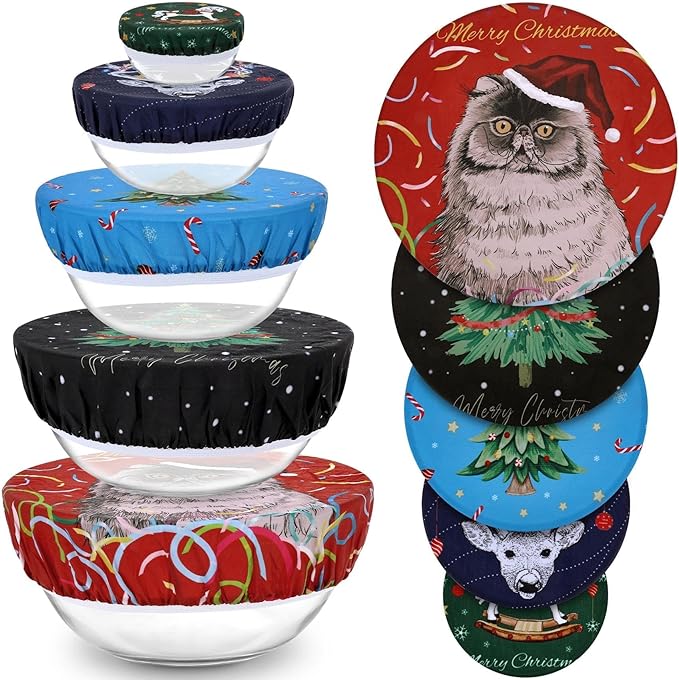 5-Size Reusable Beeswax Bowl Covers for Bread Proofing, Cotton Cloth Flexible Beeswax Wraps for Food Storage (Santa Kitty)