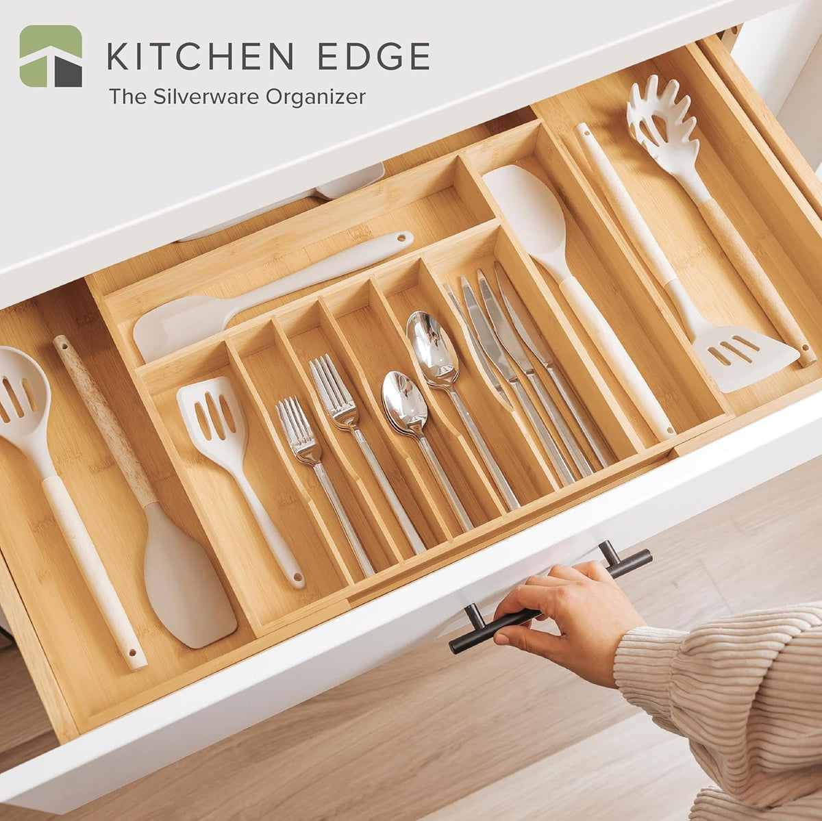KitchenEdge Premium Silverware, Flatware and Utensil Organizer for Kitchen Drawers, Food-Safe Contract Grade, Expandable from 18 to 33 In, Natural Bamboo