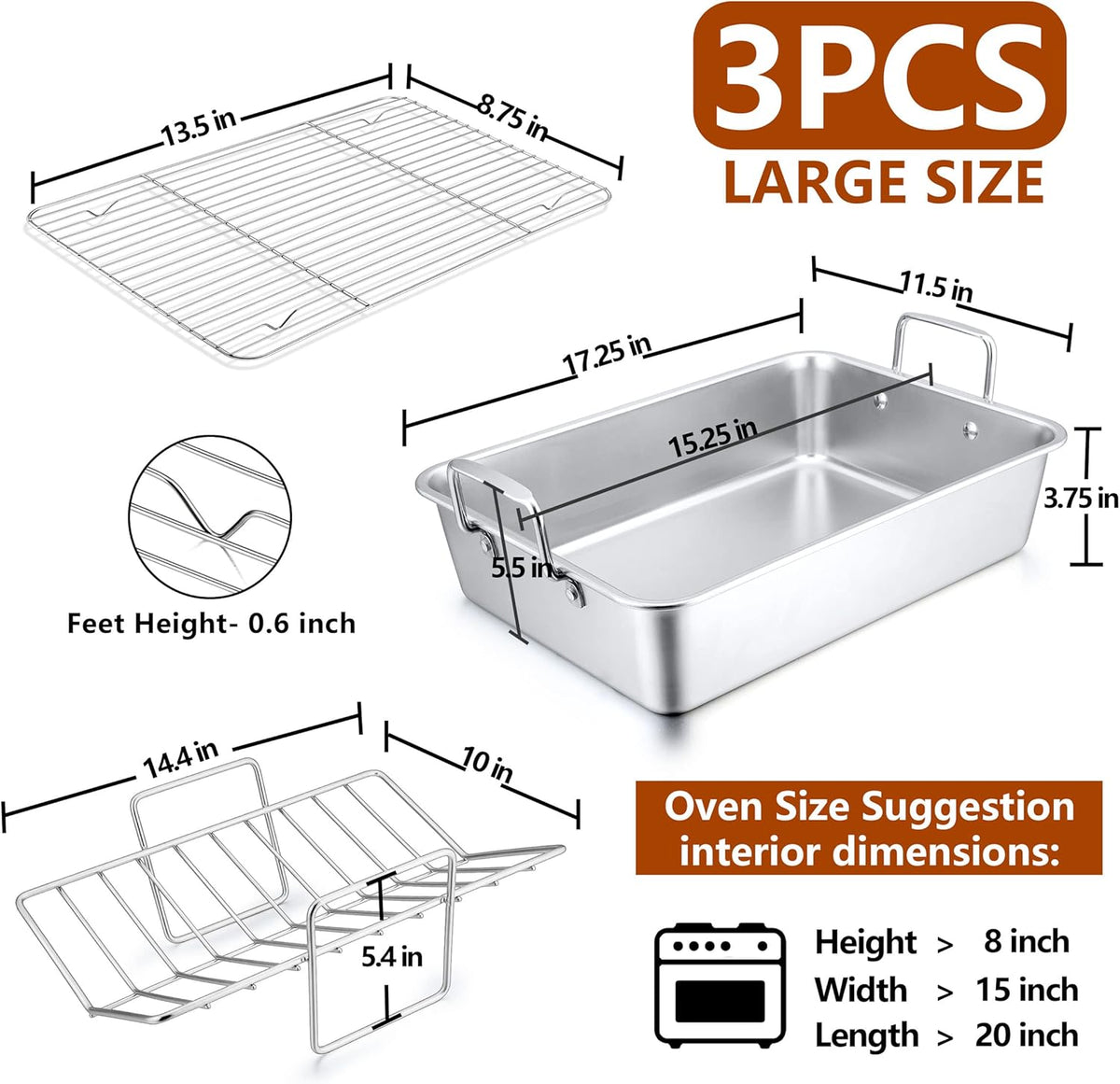 Herogo Roasting Pan with Flat Rack & V-shaped Rack Set, 16 x 11.5 Inch Stainless Steel Turkey Roaster Pan for Thanksgiving Christmas, Dishwasher Safe - Large
