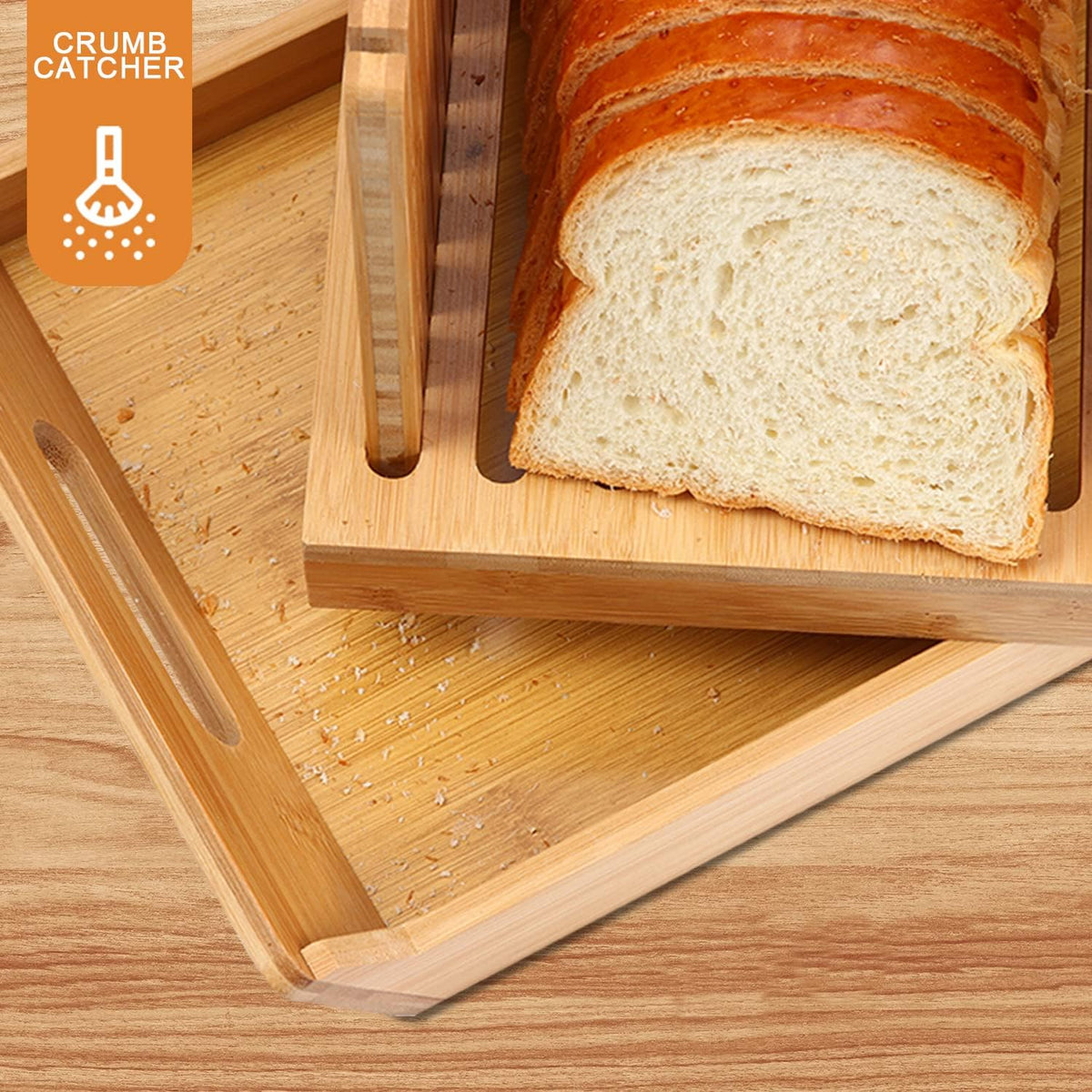 Bread Slicer for Homemade Bread, Bamboo Loaf Cutter with Knife and Crumb Catcher, Adjustable Foldable and Compact Cutting Guide 3 Size Slicing Guide