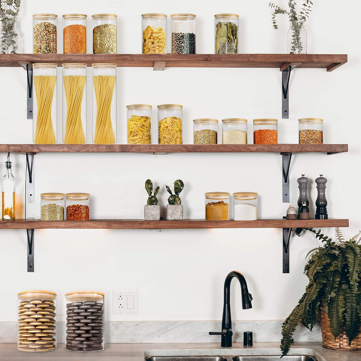Glass Jars with Bamboo Lids, Glass Food Jars and Canisters Sets, Flour Jar, Large Food Canister with airtight lids, Flour Storage Container, Pantry Jars, 100oz