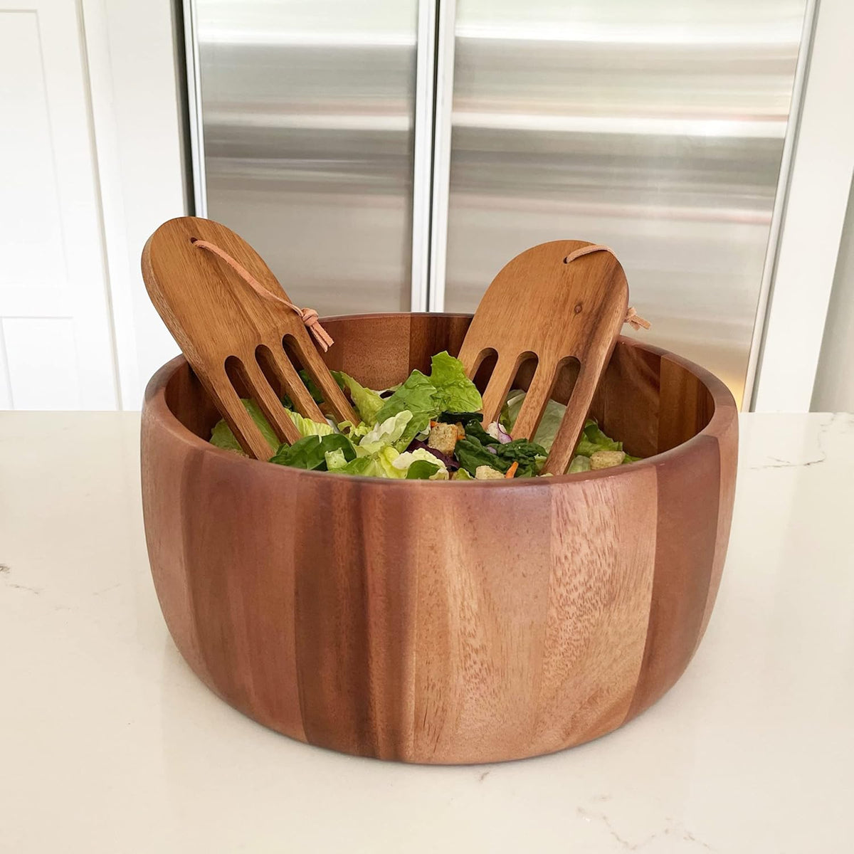 Acacia Wood 10” Salad Serving Bowl with Salad Hands 3 Piece Set by Woodard & Charles ★★PACK OF 4★★