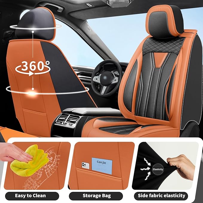 Fit Versa Car Seat Covers Compatible with Nissan Versa 2008-2025 2026 - Full Set Premium Leather， Waterproof Breathable， All-Weather Seat Cushion Protecto&Airbag Compatible （Orange&Black
