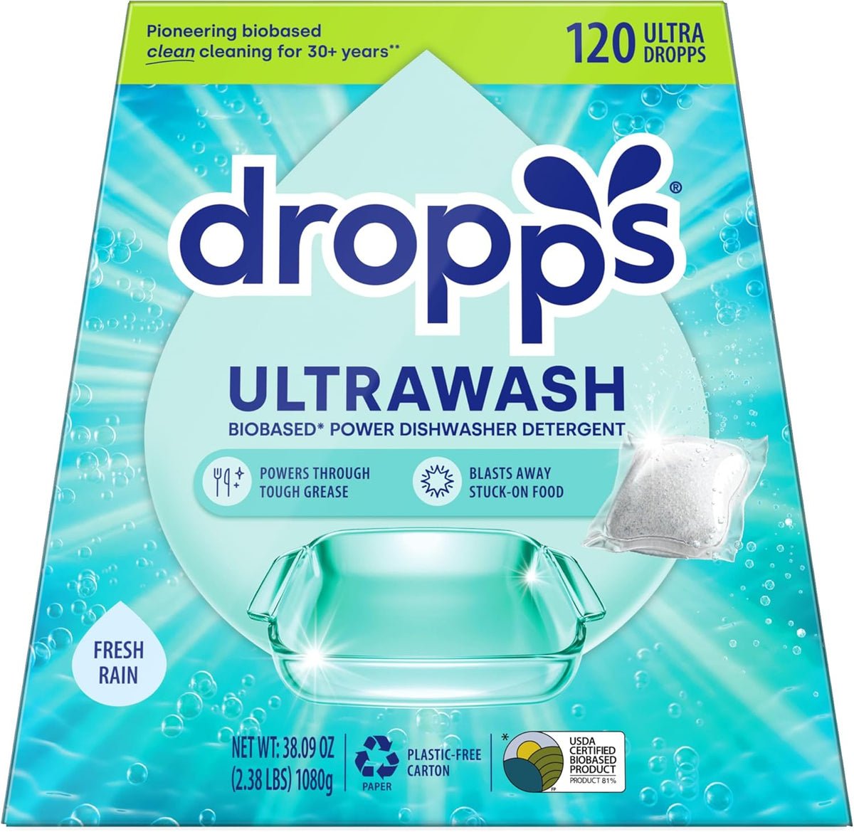 Dropps UltraWash Dishwasher Pods, Fresh Rain (120 Count) - Biobased Power Deep Clean Dishwasher Detergent Tablets for Sparkling Shiny Dishes - No Rinse Aid or Pre-Wash Needed - Dishwashing Pods