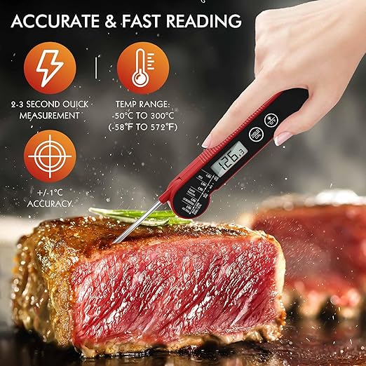 Meat Thermometer Digital with Backlight, Calibration & Hold Function, IP65 Waterproof Food Thermometer for Cooking, Outdoor Grilling, Candy Making