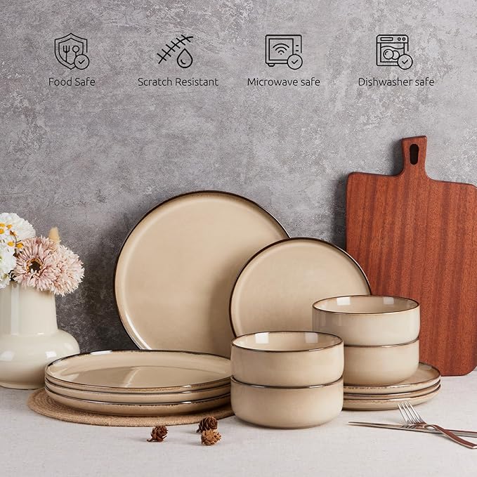 E-far 6-Piece Plates and Bowls Set, Stoneware Dinnerware Sets for 2, Reactive Glaze Ceramic Dinning Ware Dishes, Microwave & Dishwasher Safe - Sandy Beige