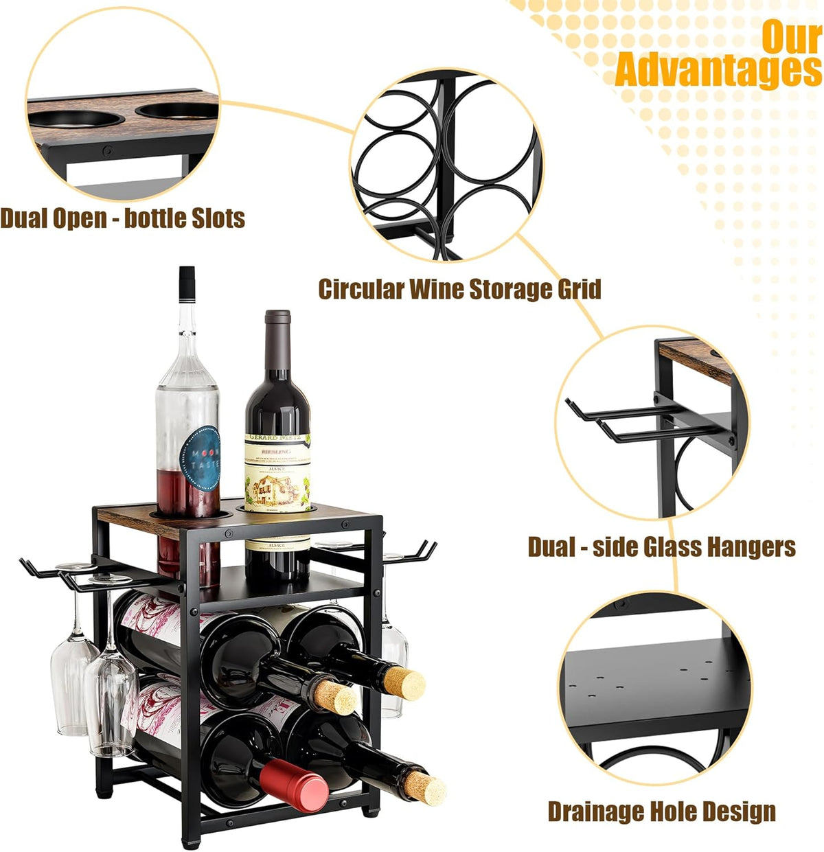 KLM Wine Rack Countertop, 6 Bottle 4 Glass Holder, Modern Wood Storage Stand with Tray, Black