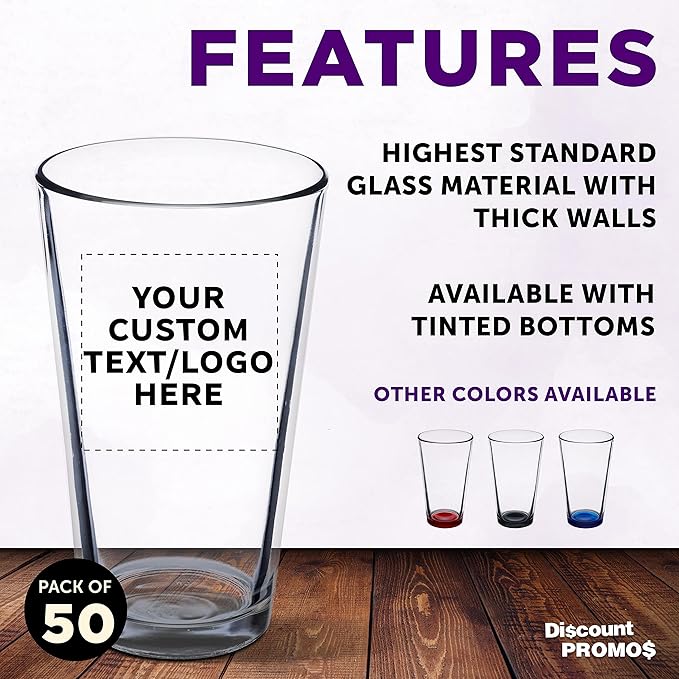 Custom Libbey Pint Glass 16 oz. Set of 50, Personalized Bulk Pack - Beer Glasses, Heavy Duty Drinkware - Clear