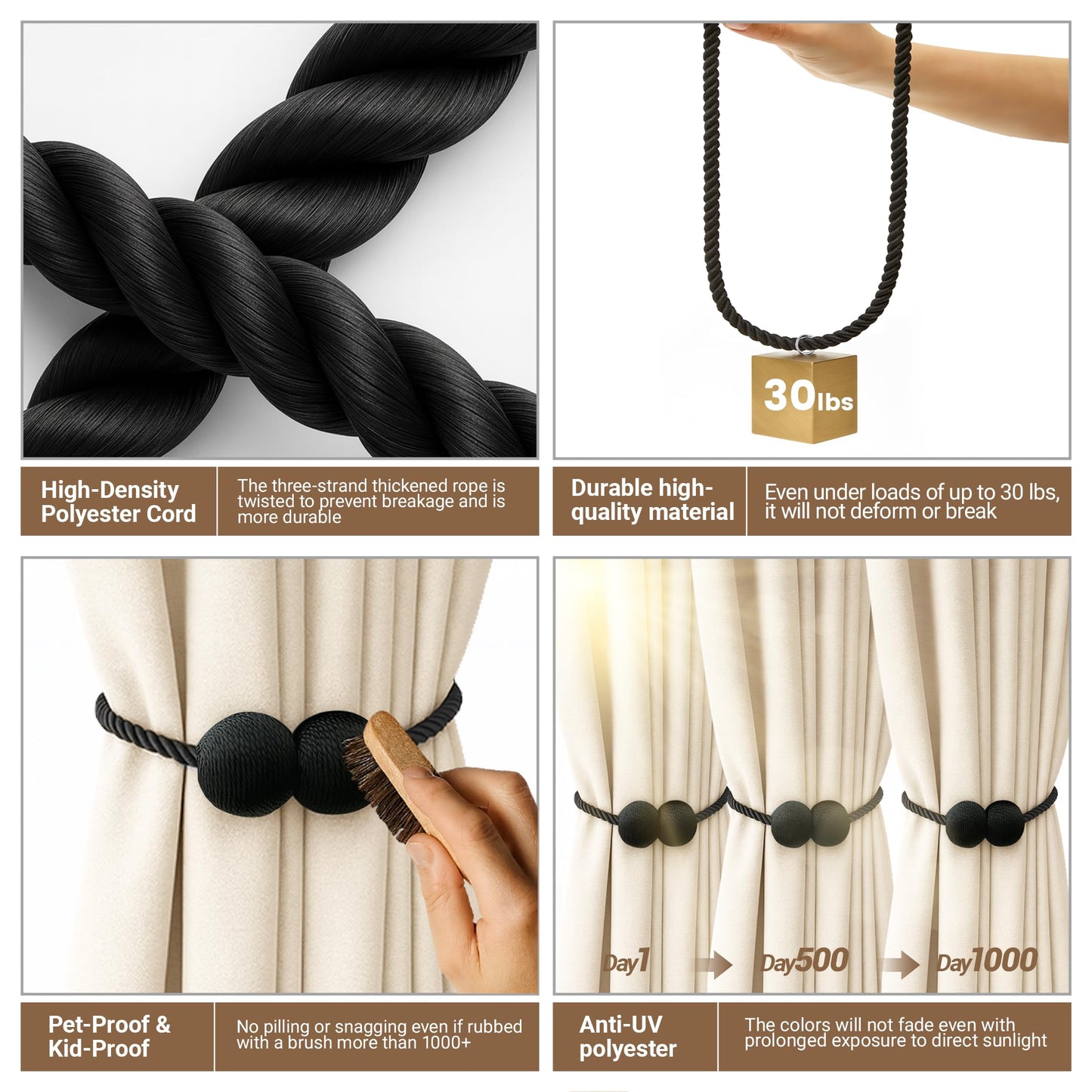 Hion Magnetic Curtain Tiebacks Black 2pcs, Curtain Holdbacks Hooks Holders