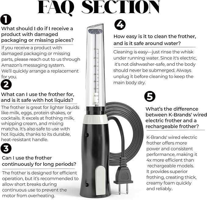 K-Brands Corded Electric Milk Frother with Plug in - Handheld Electric Whisk Stirrer Whipper - Foam Maker for Coffee, Latte, Cappuccino, Hot Chocolate – Powerful Drink Mixer