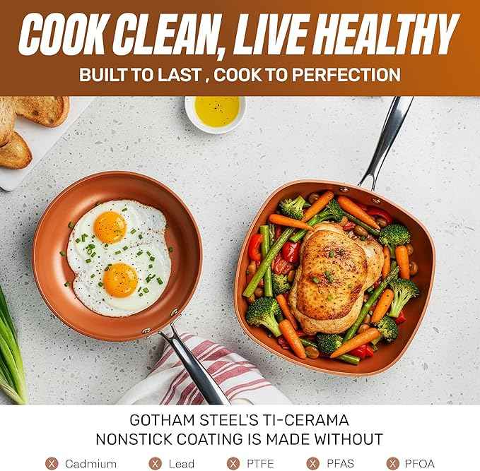 GOTHAM STEEL 20 Pc Ceramic Cookware Set, Copper Pots and Pans Set Non Stick with Bakeware, Cooking Utensils, and Steamer, Oven and Dishwasher Safe